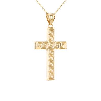 375 Yellow Gold Greek Key Cross Pendant - Vandona
