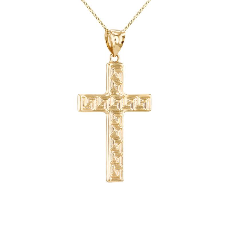 375 Yellow Gold Greek Key Cross Pendant - Vandona