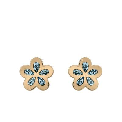 750/1000 Yellow Gold Blue Flower Stud Earrings & Glitter - Bambins