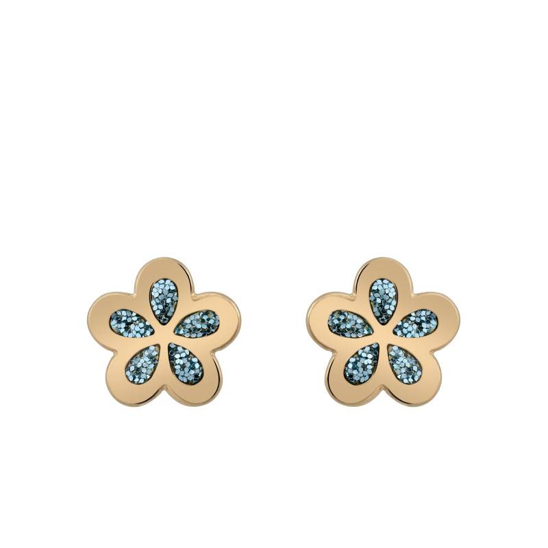 750/1000 Yellow Gold Blue Flower Stud Earrings & Glitter - Bambins