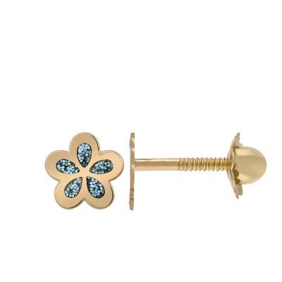 750/1000 Yellow Gold Blue Flower Stud Earrings & Glitter - Bambins