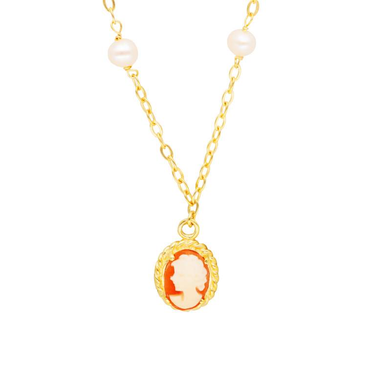 375 or 750 Yellow Gold & White Pearl Cameo Necklace, Length 42 cm - Lucas Lucor