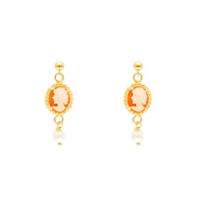 Orange Cameo Drop Earrings in 375 or 750 Yellow Gold & White Pearls - Lucas Lucor