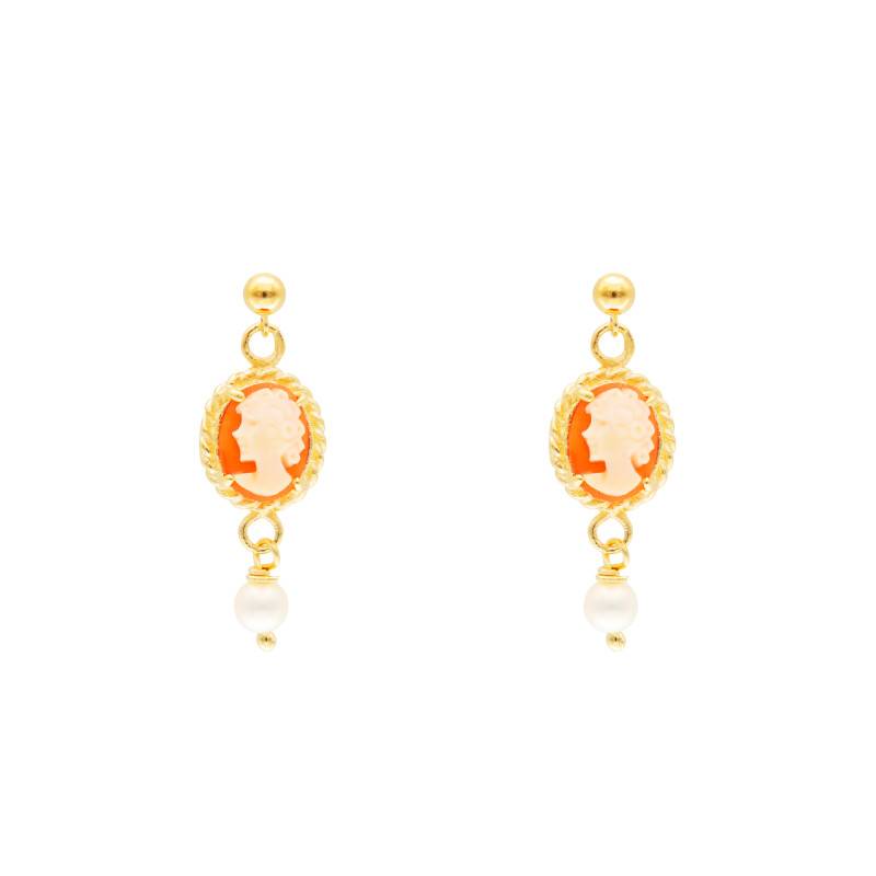 Orange Cameo Drop Earrings in 375 or 750 Yellow Gold & White Pearls - Lucas Lucor
