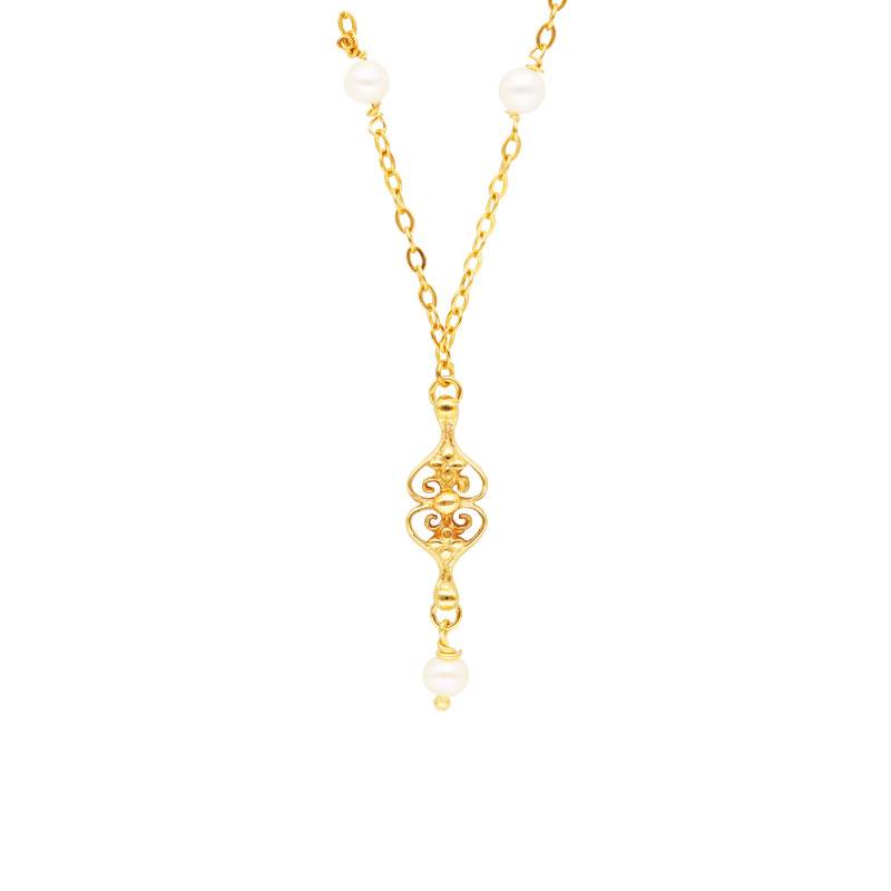 750 Yellow Gold & Pink Pearl Filigree Necklace, Length 40 cm to 42 cm - Lucas Lucor
