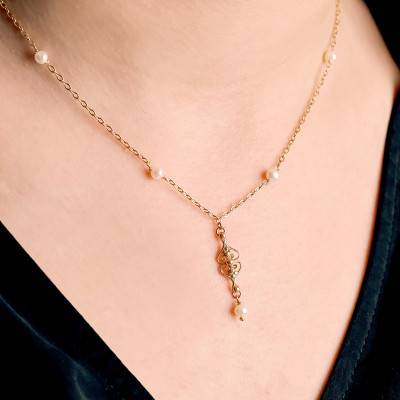 750 Yellow Gold & Pink Pearl Filigree Necklace, Length 40 cm to 42 cm - Lucas Lucor