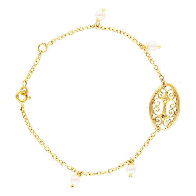 750 Yellow Gold Filigree Pink Pearl Bracelet, 16 to 18 cm - Lucas Lucor