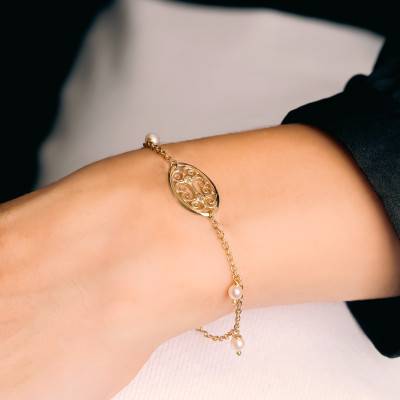 750 Yellow Gold Filigree Pink Pearl Bracelet, 16 to 18 cm - Lucas Lucor