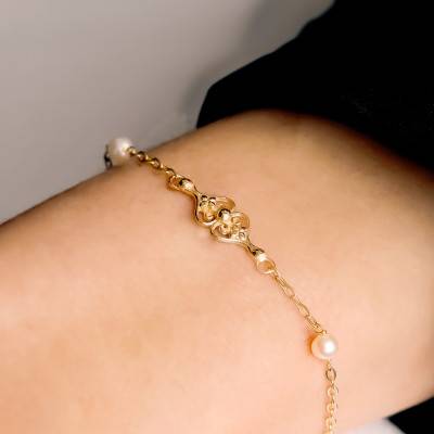 750 Yellow Gold Filigree Round Pearl Bracelet, 16 to 18 cm - Lucas Lucor