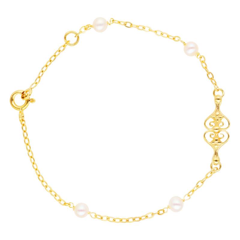 750 Yellow Gold Filigree Round Pearl Bracelet, 16 to 18 cm - Lucas Lucor