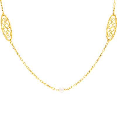 750 Yellow Gold Filigree White Pearl Long Necklace, 80 cm - Lucas Lucor