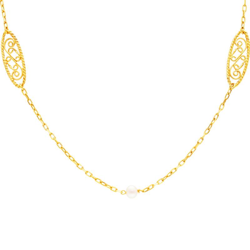 750 Yellow Gold Filigree White Pearl Long Necklace, 80 cm - Lucas Lucor