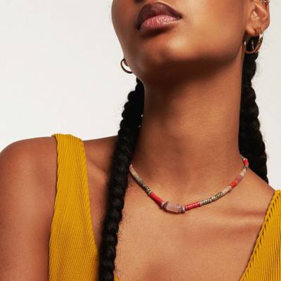 Namaste Gold & Multicolor Stones Necklace, Length 38 cm to 43 cm - Hipanema