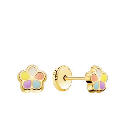 Boucles d'oreilles Fleurs Émaillées en Or Jaune 750 - Bambins