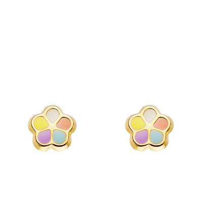 750/1000 Yellow Gold & Enamel Flower Stud Earrings - Bambins