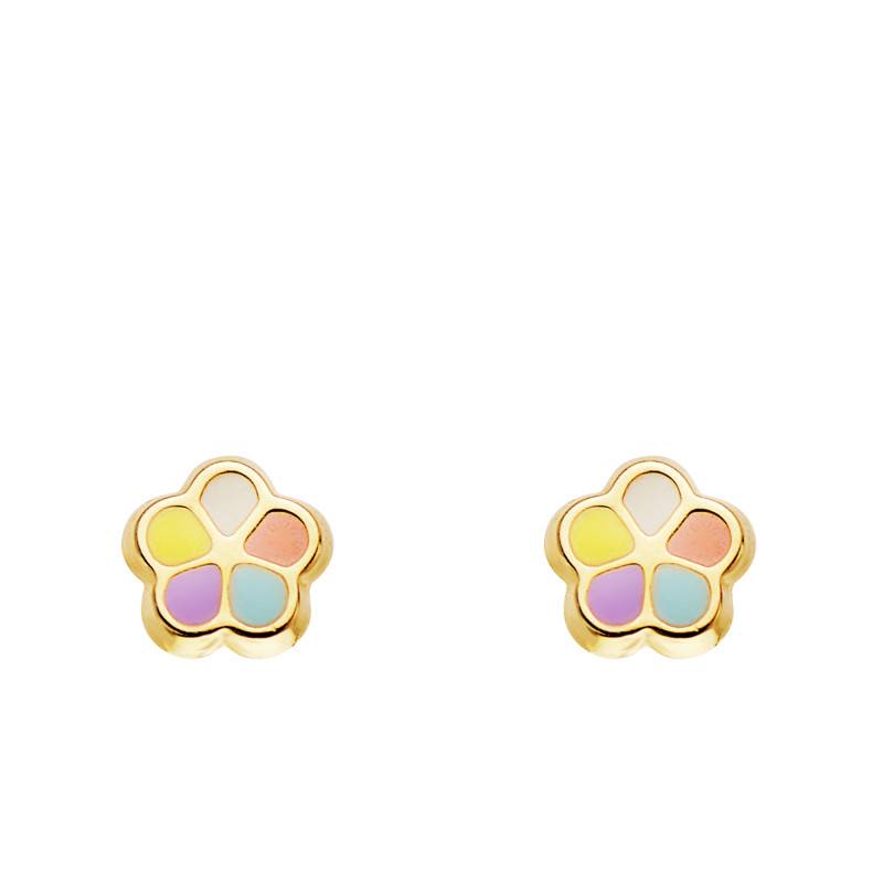 750/1000 Yellow Gold & Enamel Flower Stud Earrings - Bambins