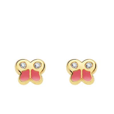 Boucles d'oreilles Papillons Émaillés en Or Jaune 750 & Pierres Blanches - Bambins