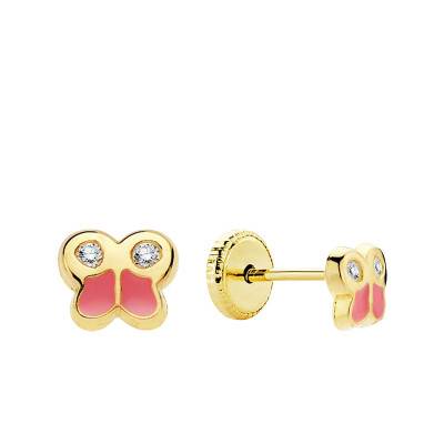 Boucles d'oreilles Papillons Émaillés en Or Jaune 750 & Pierres Blanches - Bambins