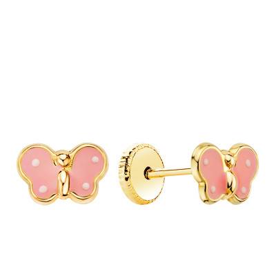 750 Yellow Gold & Pink Enamel Butterfly Stud Earrings - Bambins