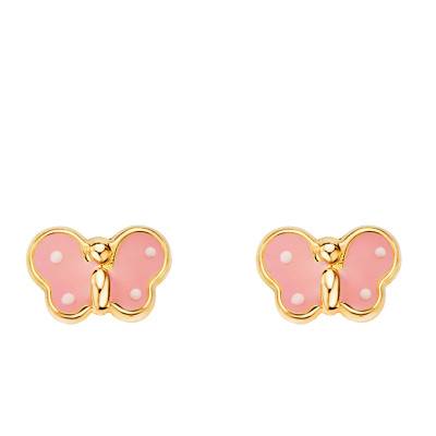 750 Yellow Gold & Pink Enamel Butterfly Stud Earrings - Bambins
