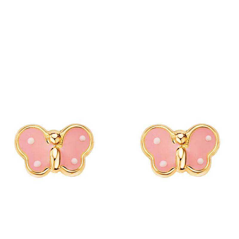 750 Yellow Gold & Pink Enamel Butterfly Stud Earrings - Bambins