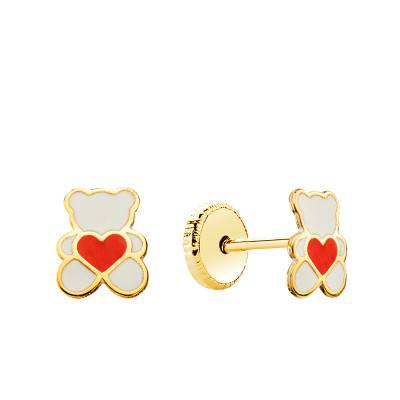 750/1000 Yellow Gold & White Bear Red Heart Enamel Stud Earrings - Bambins