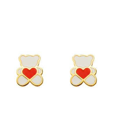 750/1000 Yellow Gold & White Bear Red Heart Enamel Stud Earrings - Bambins