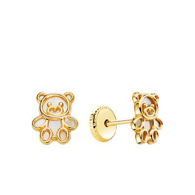 750 Yellow Gold & Mother-of-Pearl Openwork Bear Stud Earrings - Bambins