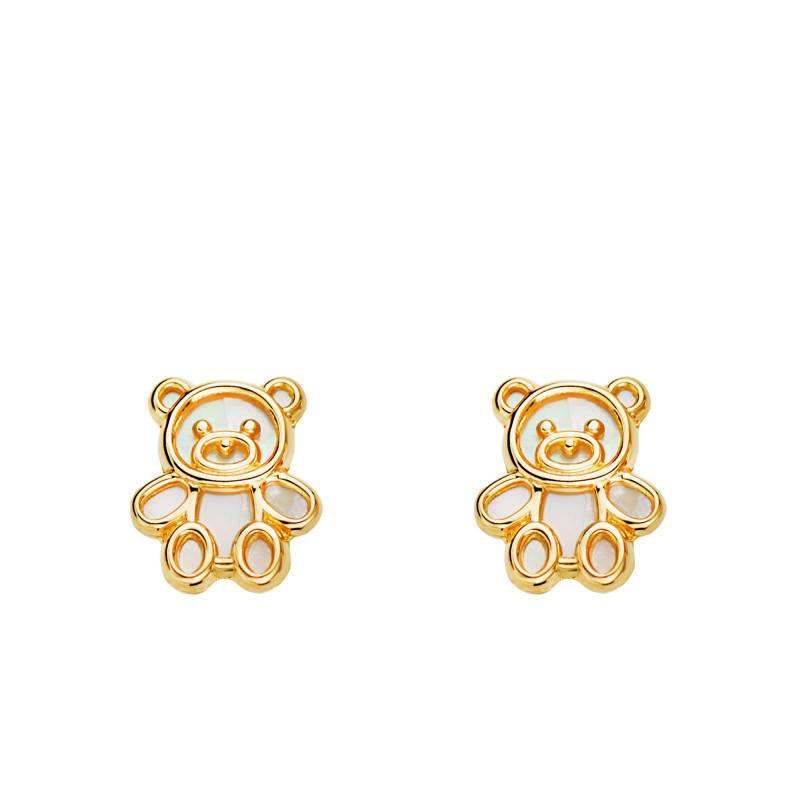 750 Yellow Gold & Mother-of-Pearl Openwork Bear Stud Earrings - Bambins