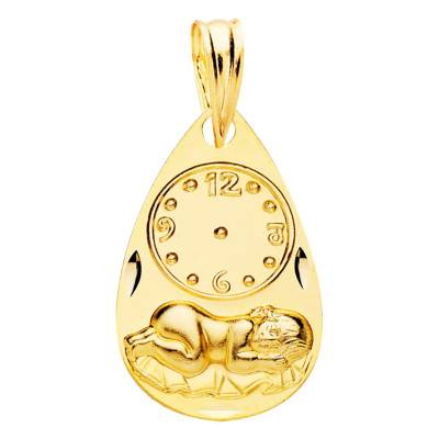 375 Yellow Gold Faceted Angel & Wall Clock Drop Pendant Medal, 11 mm - Vandona