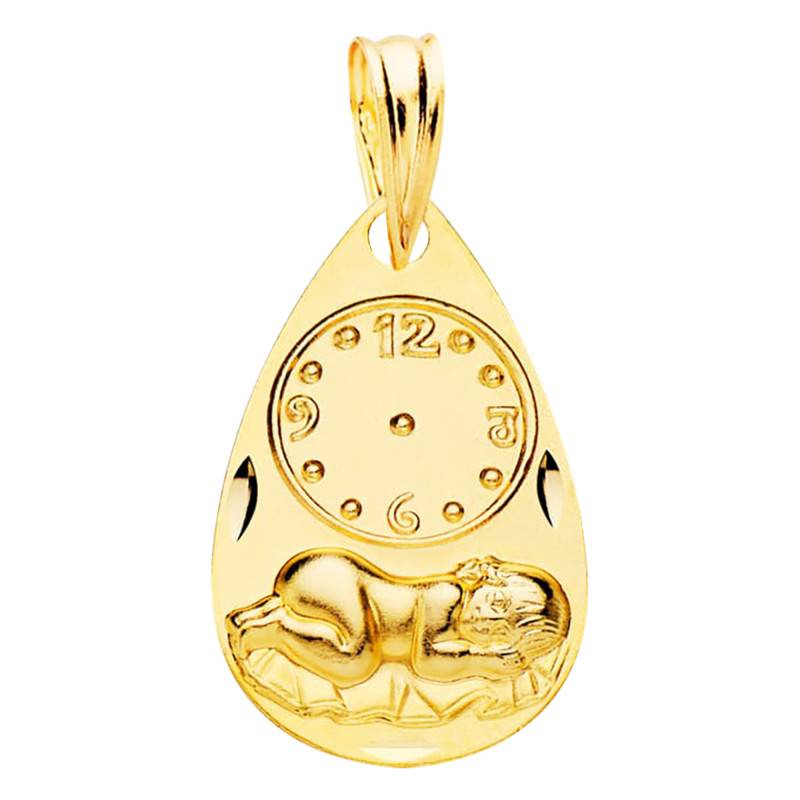 375 Yellow Gold Faceted Angel & Wall Clock Drop Pendant Medal, 11 mm - Vandona