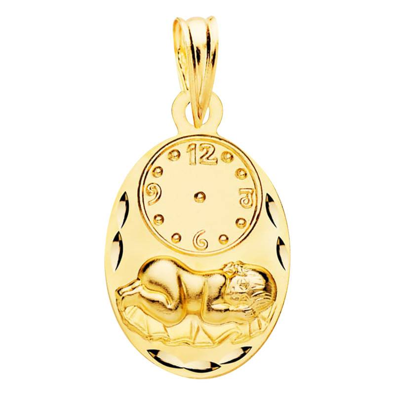 375/1000 Yellow Gold Faceted Oval Angel & Wall Clock Medal, Width 12 mm - Vandona
