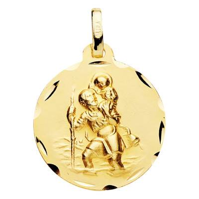 Faceted 375/1000 Yellow Gold Saint Christopher Medal, 18 mm Diameter - Vandona