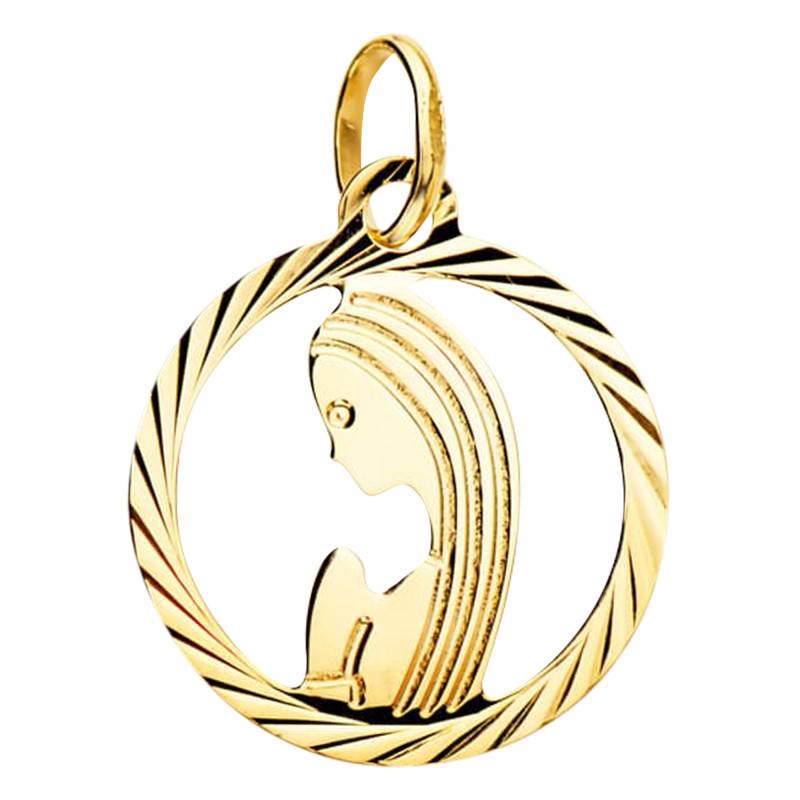375/1000 Yellow Gold Diamond-Cut Openwork Virgin Mary Medal, 14 mm Diameter - Vandona