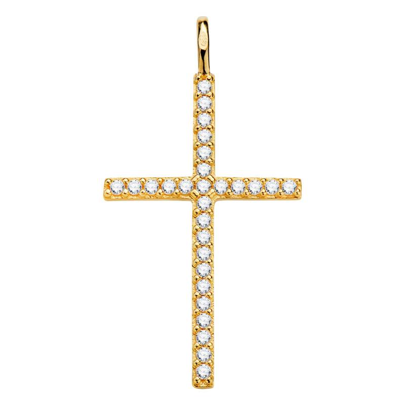 750 Yellow Gold & White Cubic Zirconia Cross Pendant - Vandona