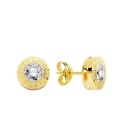 Round Greek Key Yellow Gold 750 & White Stone Stud Earrings - Emanessence