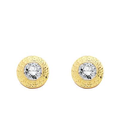 Round Greek Key Yellow Gold 750 & White Stone Stud Earrings - Emanessence