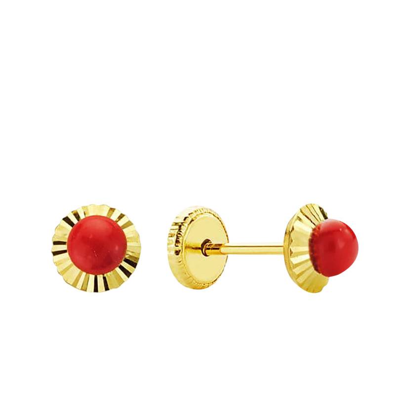 750/1000 Yellow Gold & Coral Chiseled Stud Earrings - Emanessence