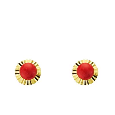750/1000 Yellow Gold & Coral Chiseled Stud Earrings - Emanessence