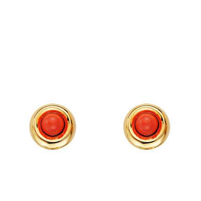 750/1000 Yellow Gold & Coral Round Stud Earrings - Emanessence
