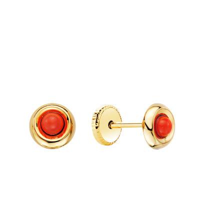 750/1000 Yellow Gold & Coral Round Stud Earrings - Emanessence