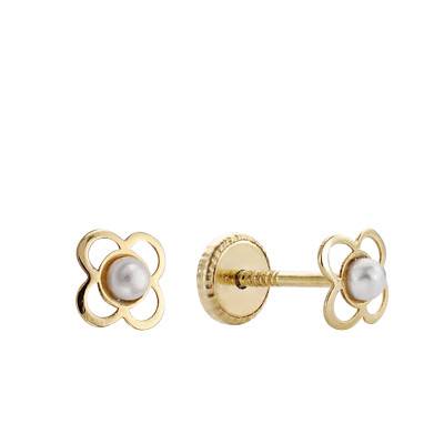 750/1000 Yellow Gold & White Pearl Clover Stud Earrings - Emanessence