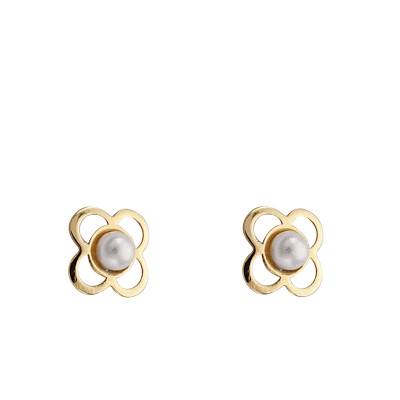 750/1000 Yellow Gold & White Pearl Clover Stud Earrings - Emanessence