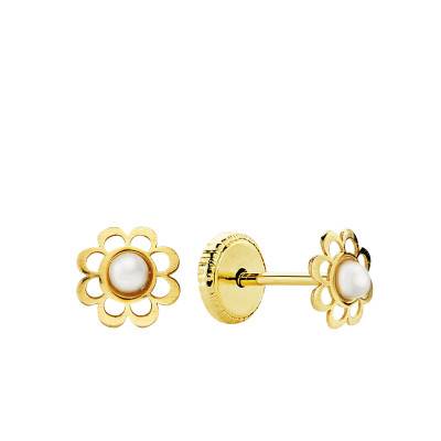 Flower Yellow Gold 750 & White Pearl Stud Earrings - Emanessence