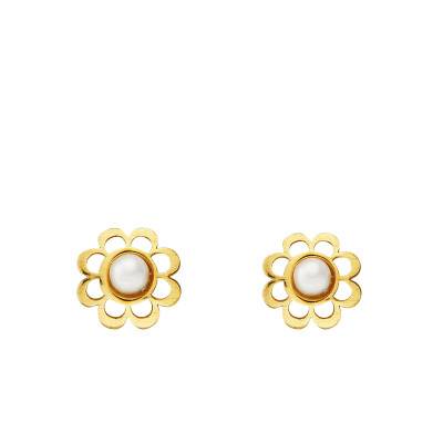 Flower Yellow Gold 750 & White Pearl Stud Earrings - Emanessence