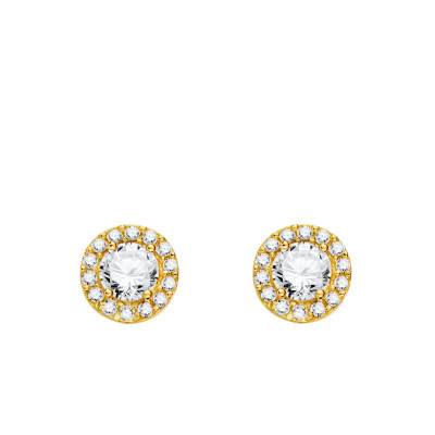 Round 750 Yellow Gold Stud Earrings with White Cubic Zirconia Halo - Emanessence