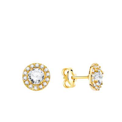 Round 750 Yellow Gold Stud Earrings with White Cubic Zirconia Halo - Emanessence