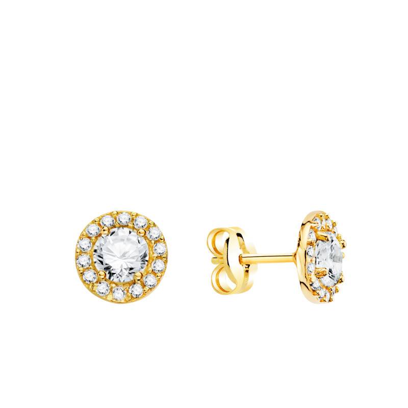 Round 750 Yellow Gold Stud Earrings with White Cubic Zirconia Halo - Emanessence