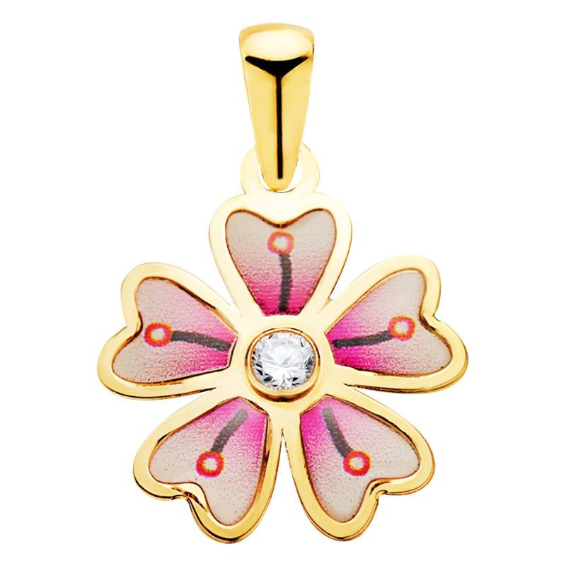 750/1000 Yellow Gold, Multicolor Enamel & White Cubic Zirconia Flower Pendant - Emanessence