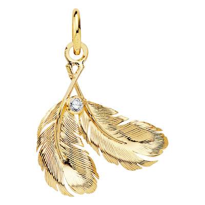 Pendentif Deux Plumes Striées en Or Jaune 750 & Pierre Blanche - Emanessence